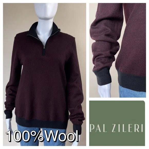 Pal Zileri 100% Lana Wool 1/4 Zip Sweater Burgundy Black - Picture 1 of 15